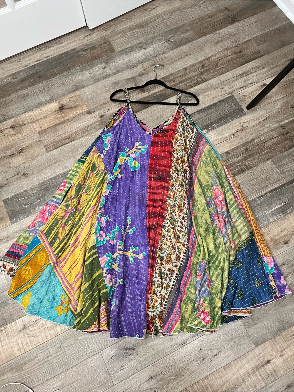 Boho Kantha Patchwork Maxi Slip Dress in Purple, Red, Green & Yellow - Picture 3 of 8
